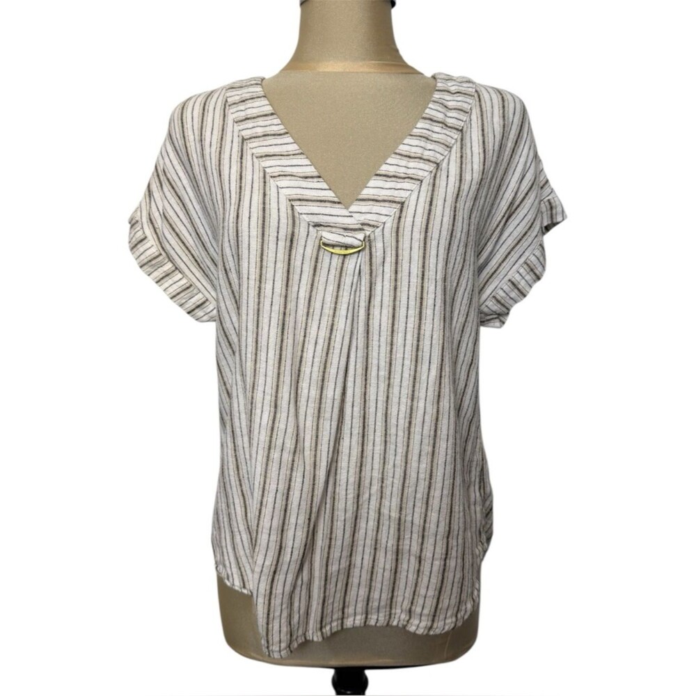 Ellen‎ Tracy Linen Blend Striped Top V Neck Short Sleeve Coastal M